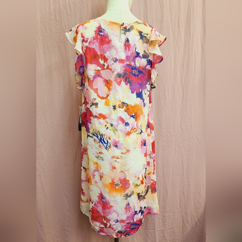 R&K V-Neck Flutter Sleeve Chiffon Shift Floral Dress-(12) NEW - Picture 4 of 8